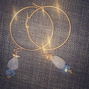 Handmade gold dipped hoop earrings, blue Angelite